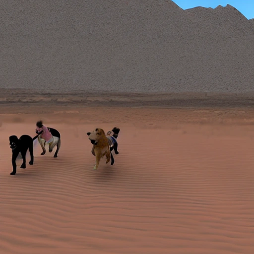 Dog run in the desert with more sharpes, 3D, ultrarealistic