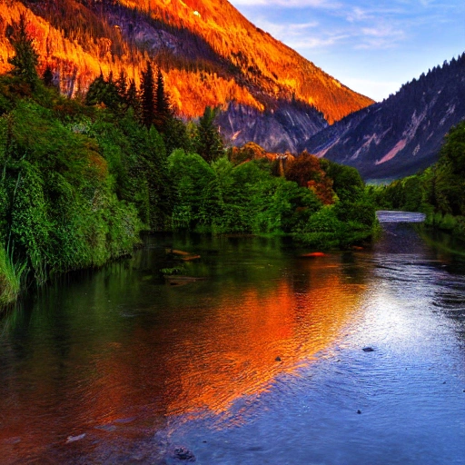 The sun sets behind the mountains, casting a golden glow across the valley. The trees are ablaze with vivid hues of orange, red, and gold, while the distant peaks are shrouded in a soft haze. A river winds its way through the valley, shimmering like silver in the fading light. The scene invokes a sense of peace and tranquility, where nature's beauty reigns supreme.