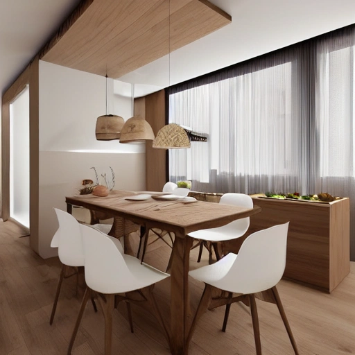 - Well-designed interior decoration
- Realistic rendering
- A mellow brown dining table
- Spacious white floor
- soft light
- A light table with a clear grain of wood
- Modern cutlery and decor
- Just the right color and material mix
- Simple modern design
- Comfortable and welcoming atmosphere