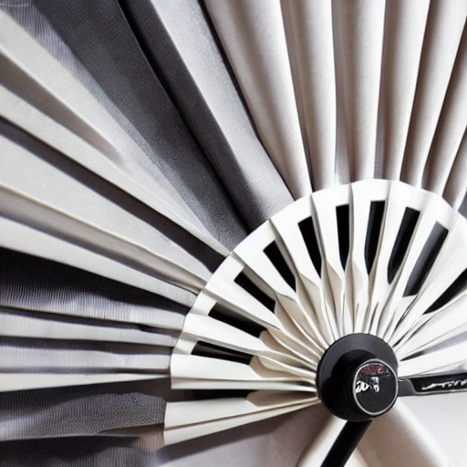 An unfolded folding fan nailed to a bent barbell with the names of major luxury brands