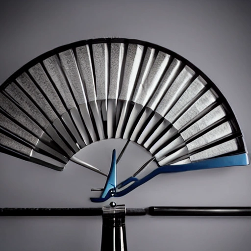 An unfolded folding fan nailed to a bent barbell with the names of major luxury brands