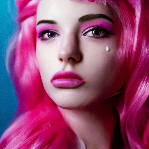 high quality film in pastel pink colors, close-up of a model with pink wig and white pearls on her face on an iridescent pink background glowing with a ray of light coming in from the left of the picture, the model is wearing pink eye makeup, and is smoking, photo production, artistically directed, pastel colors, extreme facial clarity, super realistic face details, realistic photography,
