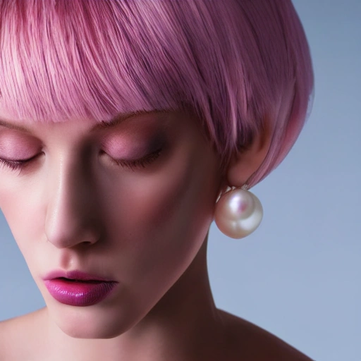 high quality film in pastel pink colors, close up of a model with pink short wig and a lot of white pearls on her face , she is on an iridescent pink background glowing with a ray of light coming in from the left of the picture, the model is wearing pink eye makeup and she is smoking, black eyes, photo production, artistically directed, pastel colors, extreme facial clarity, super realistic face details, realistic photography, serious expression on her face
