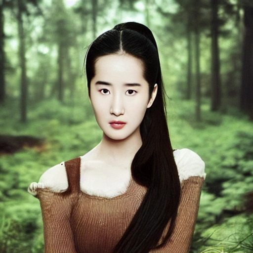 An artistic photo of Liu Yifei without much clothing in a warm color tone in a forest:
The photo shows Liu Yifei standing in a coniferous forest with dense trees in the background. She is wearing a light brown sleeveless gauze dress, which is semi-transparent and barely reaches her knees. The photo adopts a warm color tone with orange and red hues. The lighting is bright and illuminates Liu Yifei from the front, highlighting her white and flawless skin. Her long black hair dangles over her shoulders. She has a distant look in her eyes and holds a pine cone in her hands as a subtle prop. The overall style is casual, dreamy and close to nature. Liu Yifei's natural beauty and innocence are prominently displayed in this artistic forest photo with a warm tone and perfect lighting.