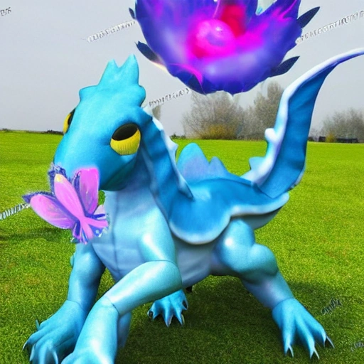 imagen/realista/dragon azul en otro planeta jugando con pelotas y mariposas azules/ con un perro rosa  