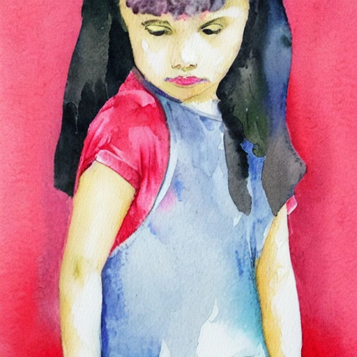 , Water Color, young girl, strong will, red and pink, 