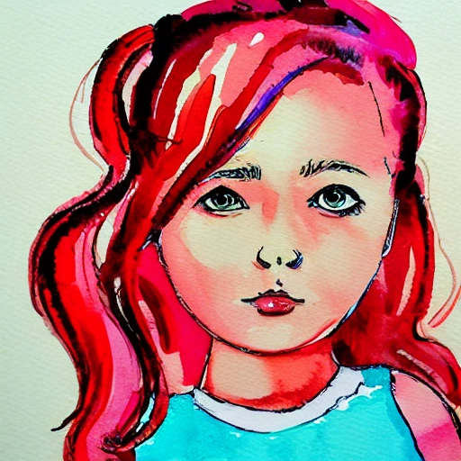 , Water Color, young girl, strong will, red and pink, , Cartoon