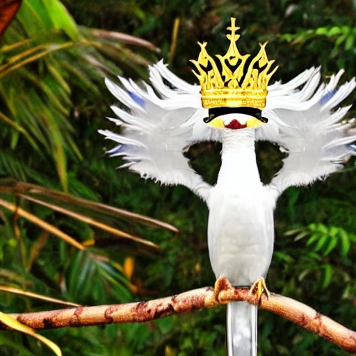 white quetzal with golden crown decorated with angel wings, golden eyes, golden crown