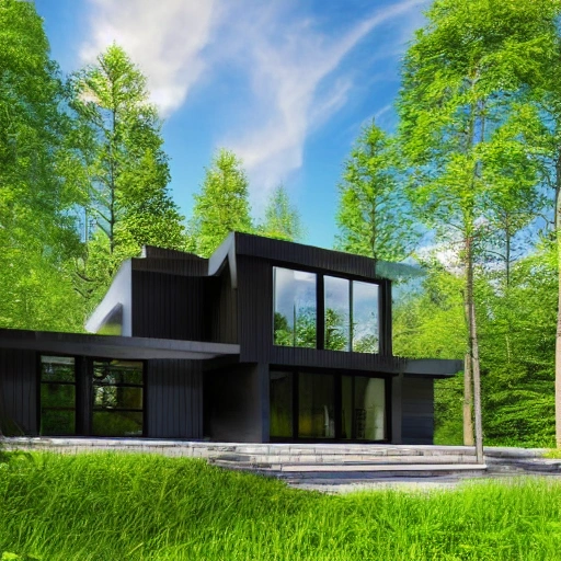 a beautiful modern and very contemporary house made of dark wood, in the middle of a swedish green forest, with a waterfall and a river close by. Photographic style. High details. very realistic. 8k, full details. --ar 16:9 --uplight --s 750 --v 5, 