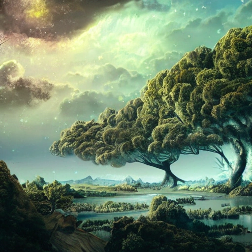 Illustration of a hyperrealistic , otherworldly, ultrasky scene featuring a giant crystal tree full body,very detailed and magical lighting, intricate forest details, vegetation and river around, solarpunk ,landscape, giant tree, beatifull leafy with beautiful lighting and realistic proportions, as if it were a cinematic background, 8k, highest quality, masterpiece, clouds and stars in the sky.

