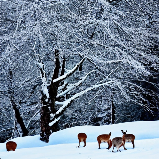 white snow, hills, trees, houses, snowflakes, snowdrifts, sunlight, sky, mountain peaks, tranquility, street, people, warm clothes, hot tea, winter animals, squirrels, rabbits, deer, cozy.