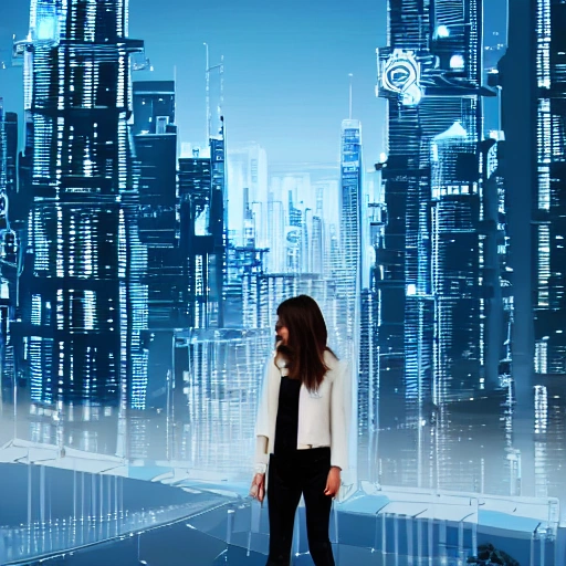 Behold a mesmerizing sight of a young woman amongst a high-tech futuristic cityscape