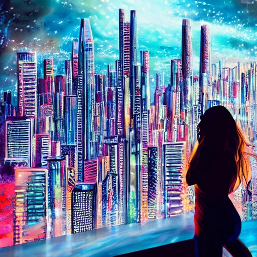 Behold a mesmerizing sight of a young woman amongst a high-tech futuristic cityscape, bursting with vibrant and extreme details." 