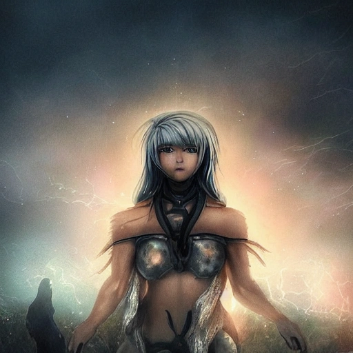 best quality, masterpiece,highly detailed,semi-realistic,1girl,upper body,raiden shogun,(ulzzang-6500-v1.1:0.5),large breasts,perfect face,glowing eyes,long hair,purple hair,hair ornament,lightning in sky,night sky,ancient building in background,depth of field,looking at viewer,