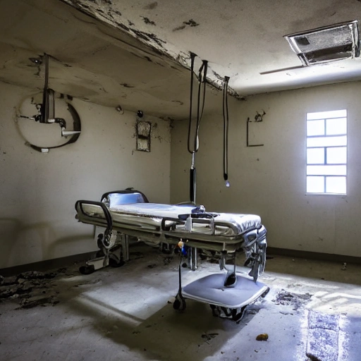 Generate an image of a medical bay inside the abandoned base, with empty cots and outdated medical equipment lining the walls. The scene should be filled with a sense of tragedy and sorrow as visitors imagine the patients who were once treated there.