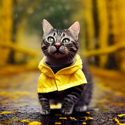 tiny cute (happy1. 4) cat in a (yellow raincoat1. 3) in the woods, rain, a character portrait, Tilt-shift, bokeh
