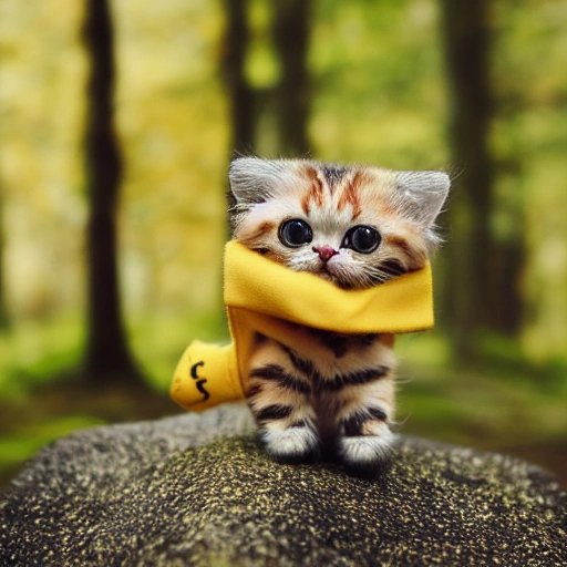 tiny cute (happy1. 4) cat in a (yellow raincoat1. 3) in the woods, rain, a character portrait, Tilt-shift, bokeh
