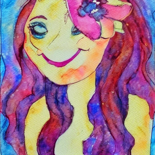 The girl with the petals in her hair, smile, Water Color