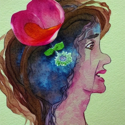 The girl with the petals in her hair, smile, Water Color, 3D