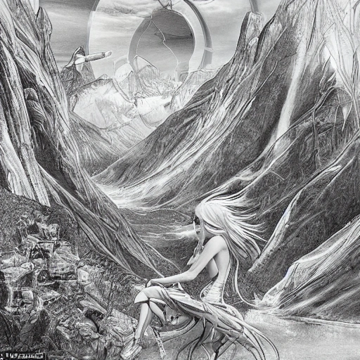 Take in a mesmerizing view of a young woman among a futuristic, high-tech mountain landscape, replete with vibrant, extreme details. with vegetation and water running through beds that looks cheerful, mystical, Pencil Sketch