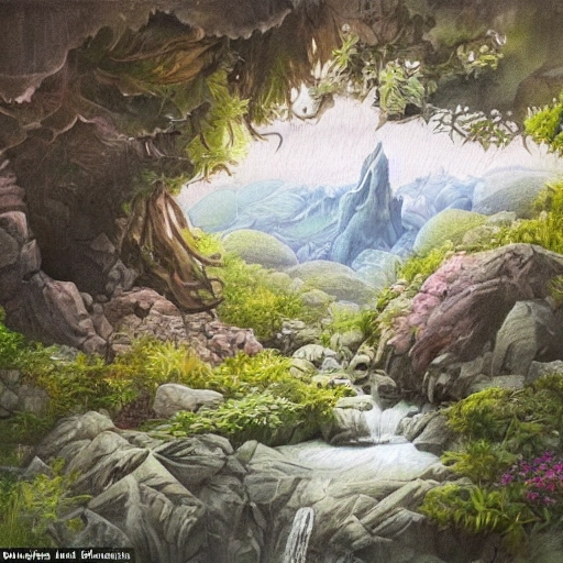 Take in a mesmerizing view of a young woman among a futuristic, high-tech mountain landscape, replete with vibrant, extreme details. with vegetation and water running through beds that looks cheerful, mystical, Pencil Sketch, Oil Painting