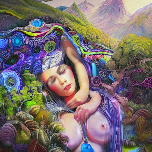 Take in a mesmerizing view of a young woman among a futuristic, high-tech mountain landscape, replete with vibrant, extreme details. with vegetation and water running through beds that looks cheerful, mystical, Pencil Sketch, Oil Painting, Oil Painting, Trippy