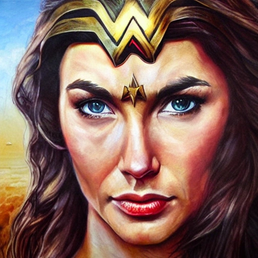 Realistic portrait of Wonder Woman, Oil Painting, detailed, Ancient Greece background