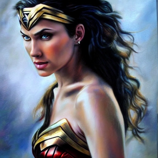 Realistic portrait of Wonder Woman, beautiful, serene, Oil Painting, detailed, 