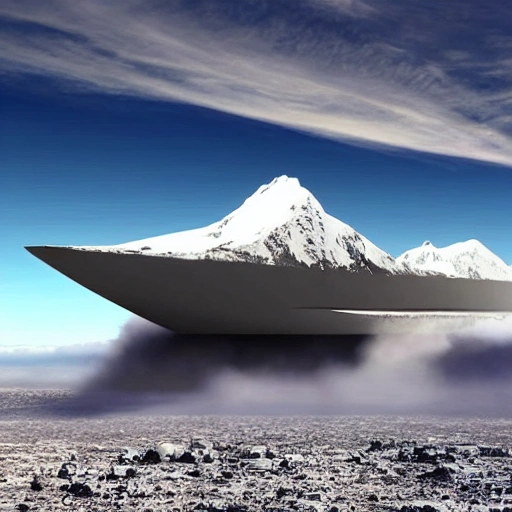 Create a futuristic image of the Zulako ship from the movie Aliens flying over the Andes mountain range, with a blue sky and white clouds around it. The ship should occupy 75% of the top part of the image, with the mountain range below it and the feet of the range being misty. 
