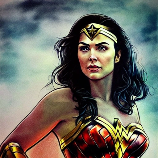 Realistic portrait of Wonder Woman, beautiful, serene, colourful ...