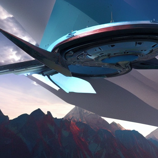 Create a futuristic image of the Zulaco ship from the movie Aliens flying over the Andes mountain range, with a blue sky and white clouds around it. The ship should occupy 75% of the top part of the image, with the mountain range below it and the feet of the range being misty. 
