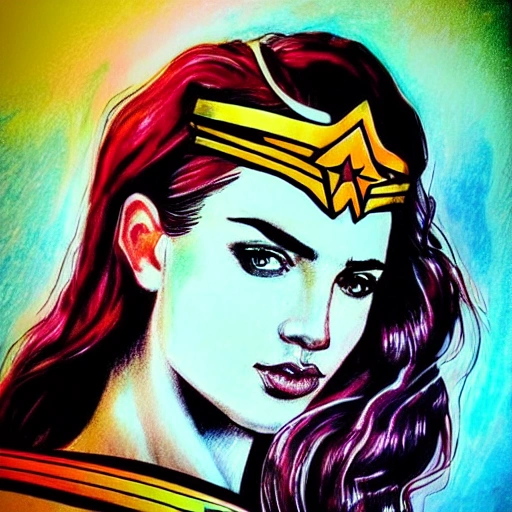 Realistic portrait of Wonder Woman ruby star in her tiara, beautiful, serene, colourful, ink drawing, graphic novel, hyperreal, detailed