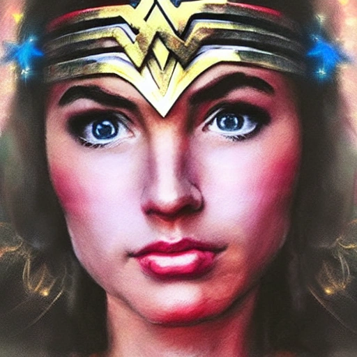 Realistic portrait of Wonder Woman ruby star in her tiara, beautiful, serene, colourful, photo, hyperreal