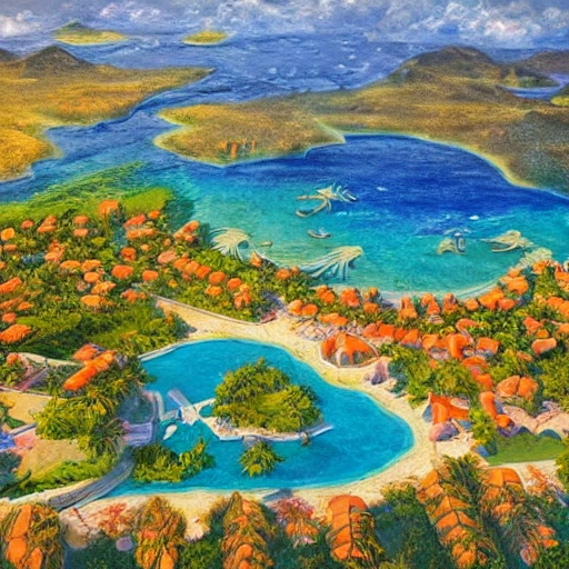 Aerial view of Paradise Island, lush sandy beaches, tropical forests, snowy mountains, an ancient Greek City with temples, 3D, Oil Painting