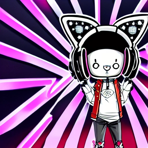 An anime-style humanoid with a cute expression, white and black fur, and a large fluffy tail, wearing a studded collar, leather jacket, ripped jeans, and sneakers. They have a mechanical arm and bright colored hair, with tattoos and a piercing. The character is accessorized with headphones, a spiked wristband, and chains. The background features bright neon lights, a graffiti background, and a smoke effect. The character is standing on a skateboard, with lightning bolts and combat boots. The image is of masterpiece quality, with highly detailed textures and intricate design., 3D, Trippy, 3D