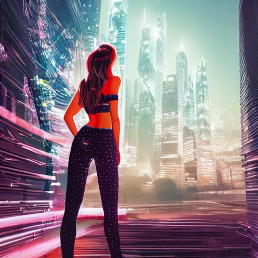 Behold a mesmerizing sight of a young woman amongst a high-tech futuristic cityscape, bursting with vibrant and extreme details