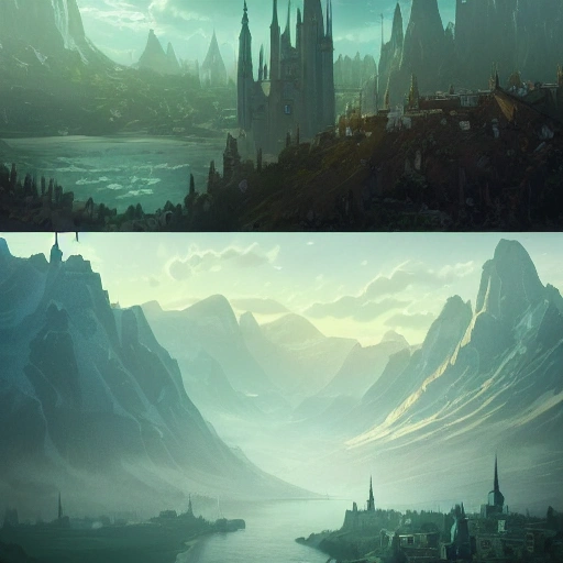 Authentic illustrations of different cities in The Lord of the Rings,Magnificent super wide angle,high quality, 8k,high resolution, city landscape, side scrolling, Rule of Thirds, 4K, Retrofuturism,by makoto shinkai,Anton Fadeev, thomas kinkade,greg rutkowski