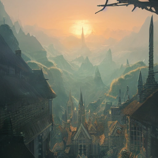 Authentic illustrations of different cities in The Lord of the Rings,Magnificent super wide angle,high quality, 8k,high resolution, city landscape, side scrolling, Rule of Thirds, 4K, Retrofuturism,by makoto shinkai,Anton Fadeev, thomas kinkade,greg rutkowski