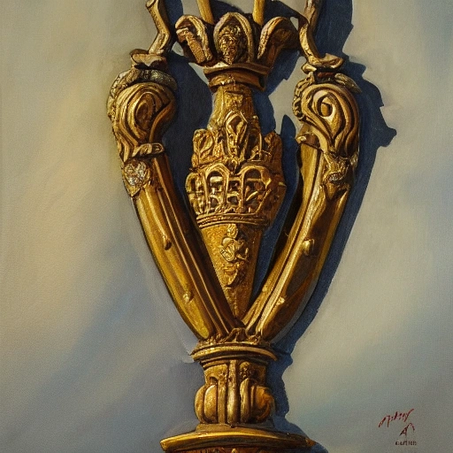 An oil painting of a Royal sword with a lion's themed handle, set in stone, outdoor, dramatic light, Rafael