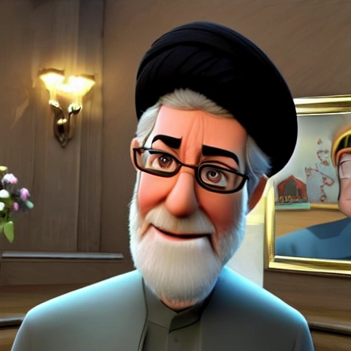 screenshot of Khamenei in a pixar movie. 3d rendering. unreal engine. amazing likeness. very detailed. cartoon caricature