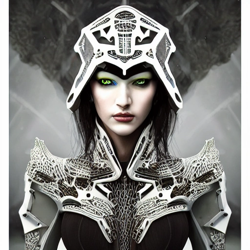 a beautiful woman wearing a white latex cyborg armor, armor made in intricat pattern, geometric patterned clothing, perfect detailed face, detailed symmetric circular iris, fabrics and textiles, medium symmetry, neoprene, behance contest winner, portrait featured on unsplash, stylized digital art, smooth, ultra high definition, 8k, unreal engine 5, ultra sharp focus, intricate artwork masterpiece, ominous, epic, trending on artstation, highly detailed, vibrant --ar 1:2