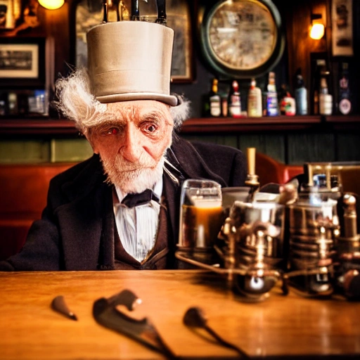 Portrait of a noble old man of 75 years old, in a fantastic pub in London, his eyes are two colors, his hair is white, and he has a steampunk style top hat, clear facial features, Cinematic, 35mm lens, f/1.8, accent lighting, global illumination --uplight --q 2 --ar 2:3