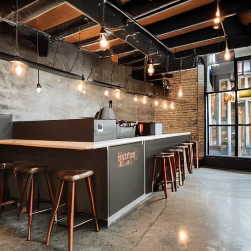 Photo of the interior of a trendy coffee house in the heart of Santiago, Chile, showcasing a modern and industrial design... The space features an open concept layout with exposed brick walls, concrete floors, and metal accents, creating an urban and edgy vibe... The coffee bar is the centerpiece of the space, featuring a sleek and minimalist design with a variety of brewing methods on display... The seating options include a mix of bar stools, communal tables, and cozy nooks, providing a dynamic and social atmosphere... The lighting is carefully designed to create an intimate and cozy ambiance, with warm Edison bulbs hanging from the ceiling... The interior is filled with the aroma of freshly brewed coffee, inviting customers to savor their favorite brew in a stylish setting... --ar 16:9 --c 3 --q 5 --s 1000
