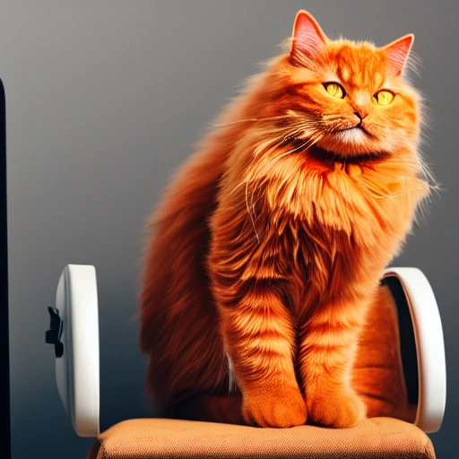 photorealistic orange ragamuffin cat wearing sunglasses sitting in an office chair, macbook pro desk, detailed
