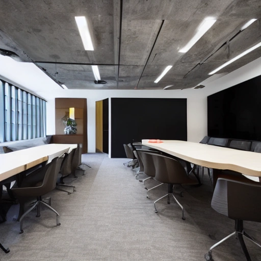 Photo of the interior of a modern law office located in Santiago, Chile, featuring a contemporary and welcoming design... The space is designed with a blend of traditional and modern elements, creating a comfortable and professional environment for lawyers and clients alike... The reception area is warm and inviting, with comfortable seating, soft lighting, and a tasteful color palette... The office spaces are well-equipped with modern desks, ergonomic chairs, and ample storage, providing a functional and organized workspace... The meeting rooms are designed for privacy and confidentiality, with soundproof walls and sophisticated audiovisual equipment... The interior is adorned with legal-themed artwork and memorabilia, adding a touch of character and personality to the space... The law office is a perfect balance of professionalism and comfort, fostering a productive and inviting atmosphere for lawyers and clients to collaborate and work together... --ar 16:9 --c 3 --q 5 --s 1000