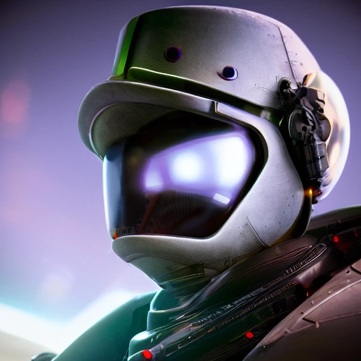 hyperrealistic and intricate detail portrait of pilot with futuristic full face covered helmet, sitting in futuristic cockpit, sci fi armor, looking at camera, cyberpunk, bioluminescent, centered, cinematic, sharp focus, depth of field, cinematic lighting --v 5 --q 2