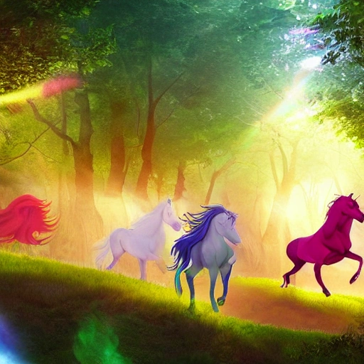 Generate an image of a group of colorful unicorns galloping through a mystical forest, with rays of sunlight streaming through the trees as the adventurers ride them towards a hidden castle.