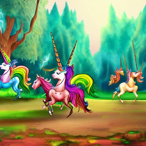 Generate an image of a group of colorful unicorns galloping through a mystical forest, with rays of sunlight streaming through the trees as the adventurers ride them towards a hidden castle., Cartoon, to colour