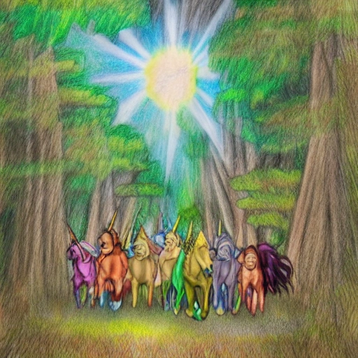 Generate an image of a group of colorful unicorns galloping through a mystical forest, with rays of sunlight streaming through the trees as the adventurers ride them towards a hidden castle., to colour, Pencil Sketch