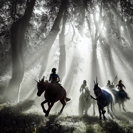 Generate an image of a group of colorful unicorns galloping through a mystical forest, with rays of sunlight streaming through the trees as the adventurers ride them towards a hidden castle., in black and white